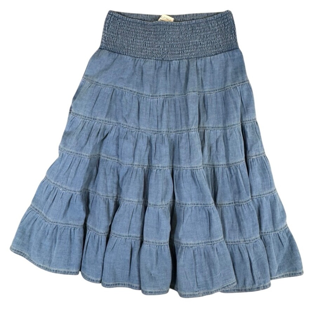 PILCRO Blue Denim Tiered Midi Skirt Smocked Waist Boho XS